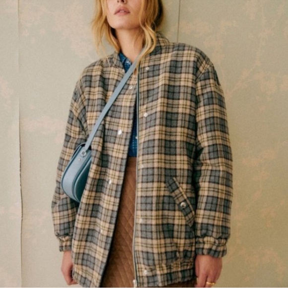 Sezane Richie Coat Blue & Brown Check Print - Picture 1 of 5